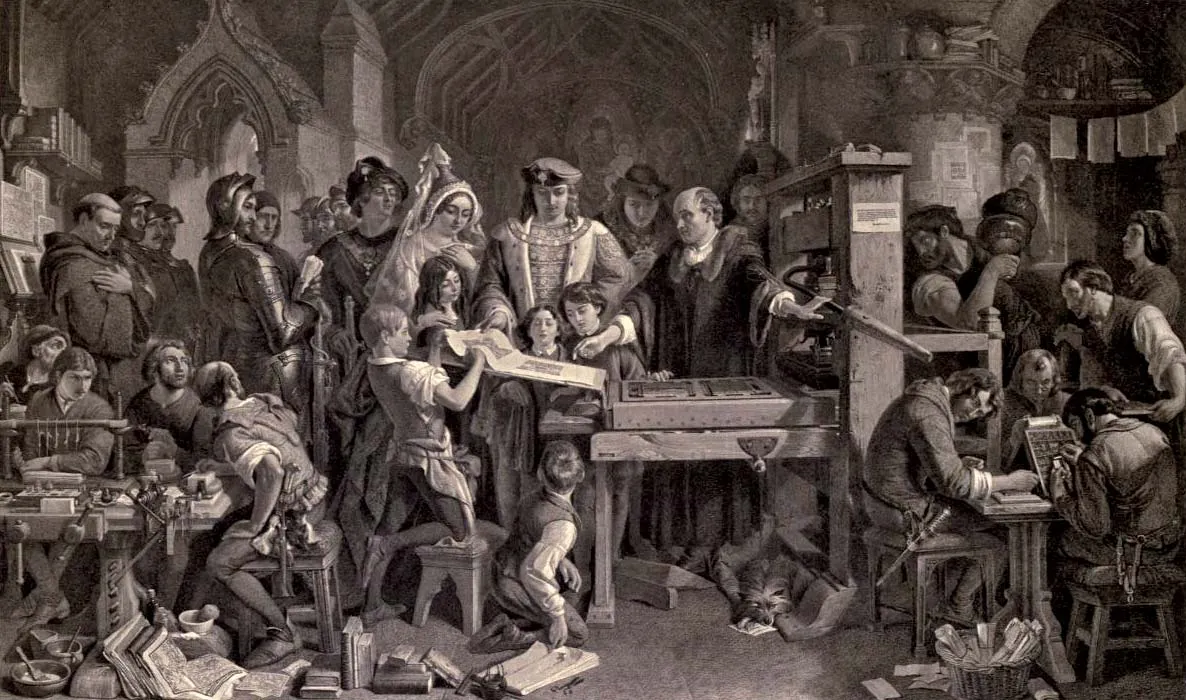 William Caxton showing the first page from his printing press.